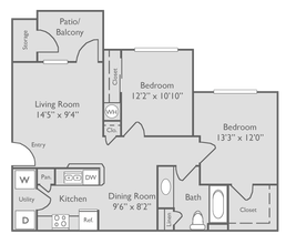 B1U-2 bedroom, 1 bathroom 13206 floor plan